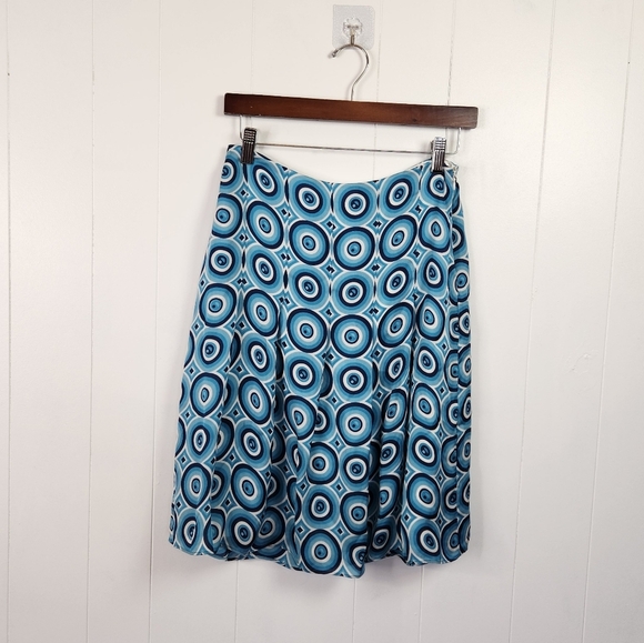 Ann Taylor 100% Silk Skirt A-line Pleated Lined Blues Geo Office Knee Length 0 - Picture 1 of 9